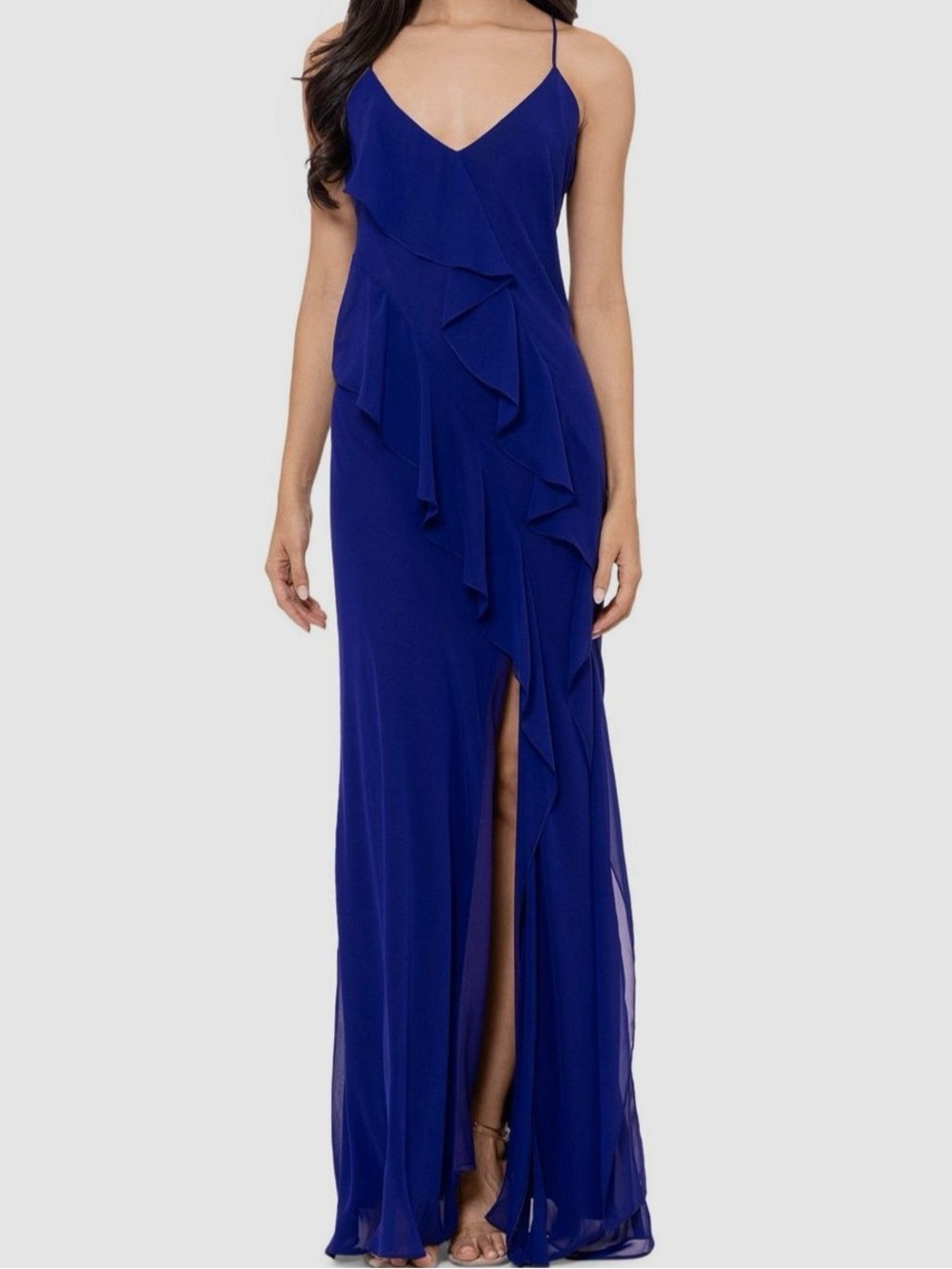 NWT Betsy & Adam Cobalt Blue V-Neck Ruffle Evening Gown